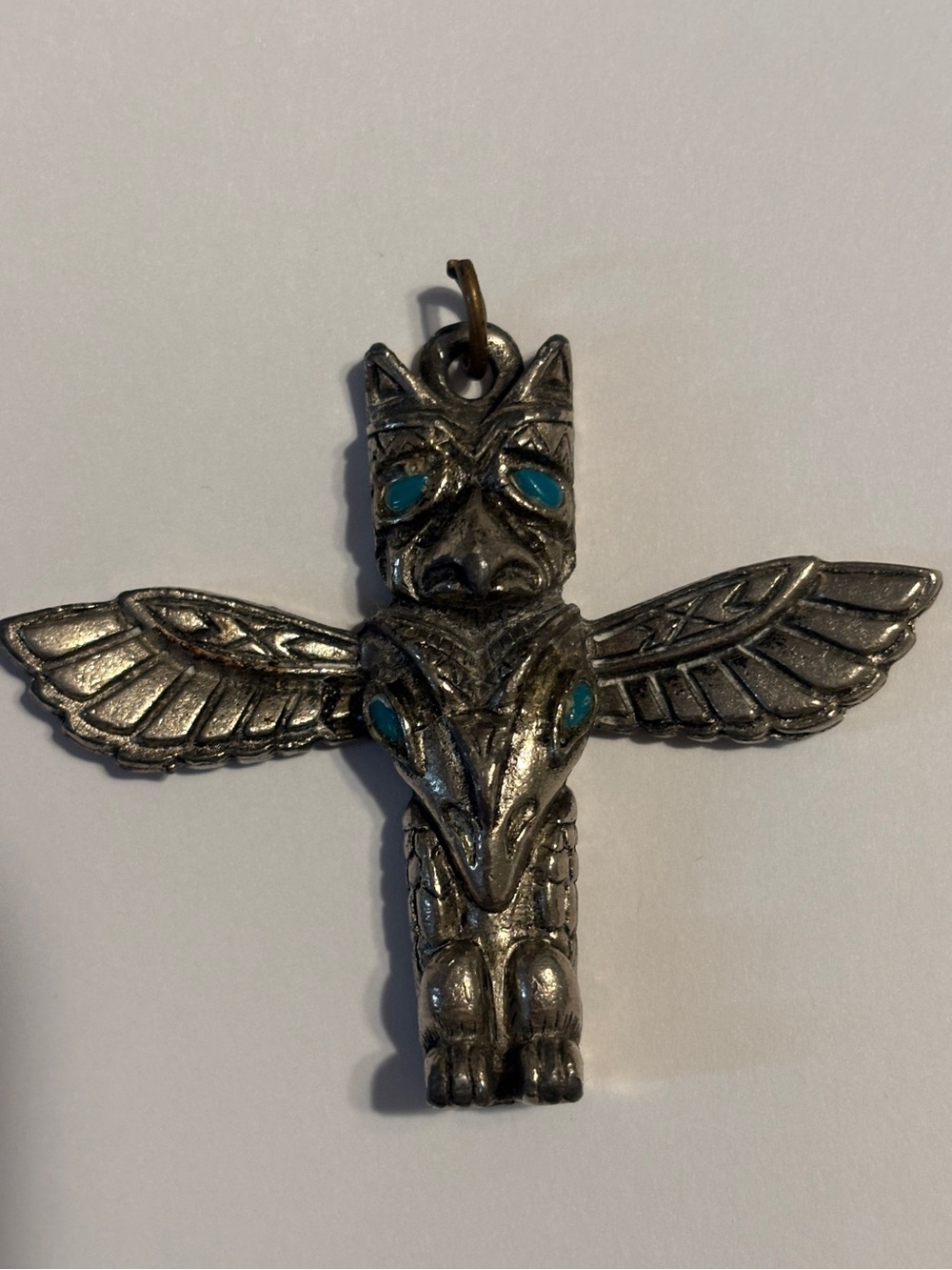 Vintage Silver-Tone Totem Pole Thunderbird Pendant with Faux Turquoise Accents